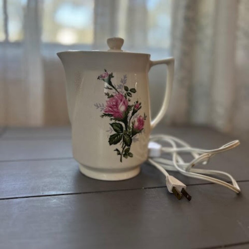 Vintage Floral Electric Teapot Retro Kitchen Appliance